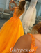 Elegant Orange Tulle Spaghetti Straps V-Neck A-Line Long Prom Dresses With Applique,PDS0592