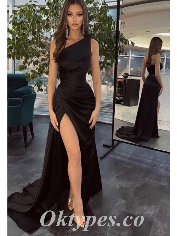 Sexy Black Satin Strapless Side Slit Mermaid Long Prom Dresses With Trailing, PDS0872