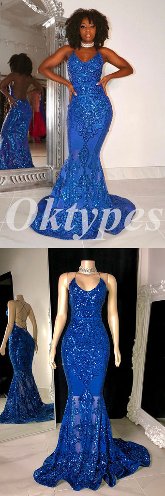 Sexy Shiny Sequin And Tulle Spaghetti Straps V-Neck Sleeveless Criss Cross Mermaid Long prom Dresses, PDS0833