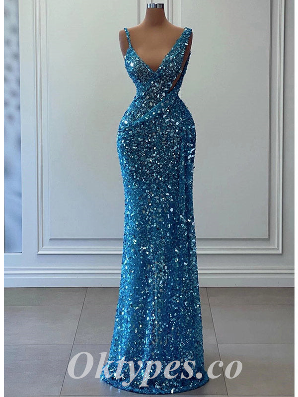 Sexy Sequin Spaghetti Straps V-Neck Mermaid Long Prom Dresses , PDS0881