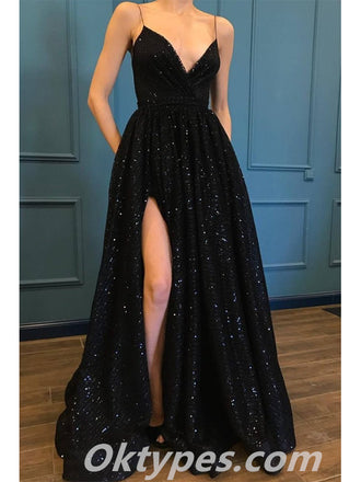 Sexy Sequin Spaghetti Straps V-Neck Side Slit Mermaid Long Prom Dresses ,PDS0367
