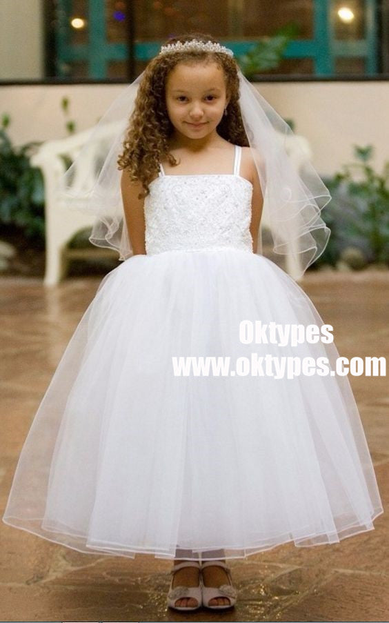 Ball Gown Straps Ankle Length White Flower Girl Dress with Lace, TYP0928