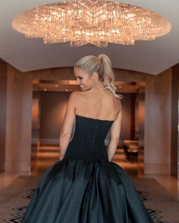 New Arrival Strapless Black Satin Ball Gown Long Cheap Evening Prom Dresses, PDS0084
