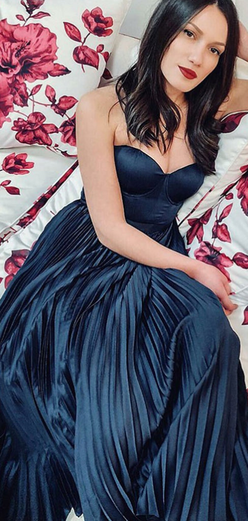 A-Line Spaghetti Straps Pleated Navy Blue Satin Prom Party Dresses Online, TYP1290