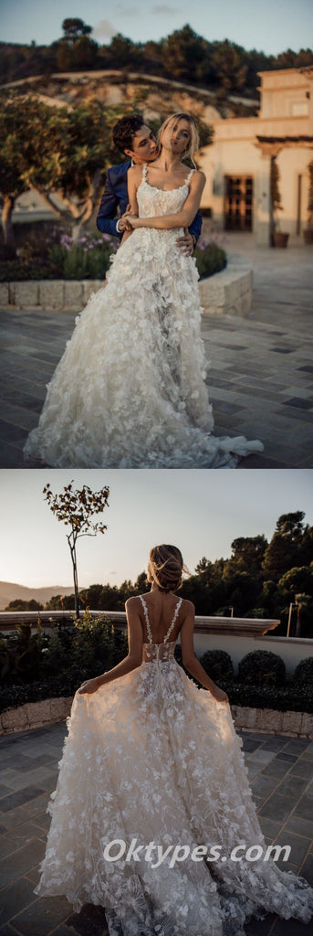 Elegant Lace Spaghetti Straps Sleeveless A-Line Long Wedding Dresses With Applique,WDS0132
