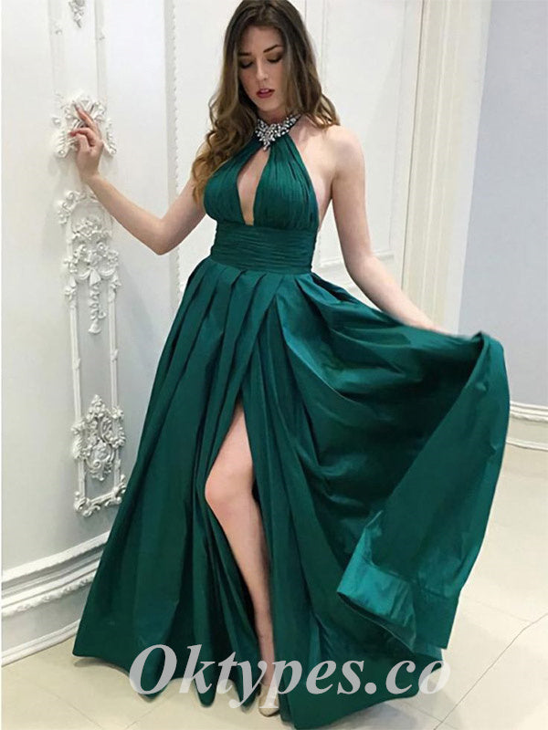 Sexy Satin Halter V-Neck Sleeveless Side Slit A-Line Long Prom Dresses, PDS0921