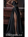 Sexy Black Satin Spaghetti Straps V-Neck Side Slit A-Line Long Prom Dresses,PDS0598