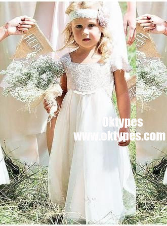 A-Line Square Cap Sleeves White Tulle Flower Girl Dress with Sash Lace, TYP0868
