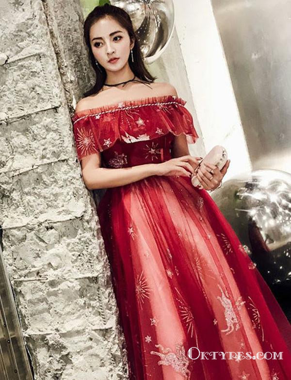 Off The Shoulder Red Long  Appliques Evening Party Prom Dresses, TYP1746