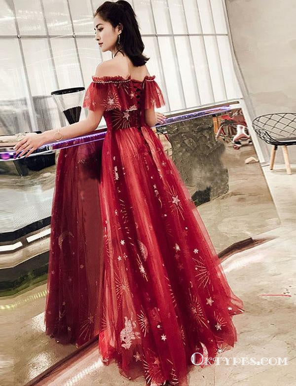 Off The Shoulder Red Long  Appliques Evening Party Prom Dresses, TYP1746