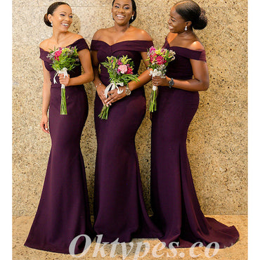 Elegant Soft Satin Off Shoulder V-Neck Sleeveless Mermaid Floor Length Bridesmaid Dressses, BDS0246