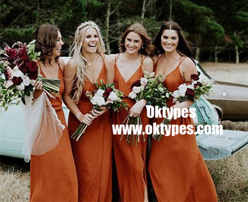 A-Line V-Neck Orange Chiffon Bridesmaid Dress with Split, TYP0873