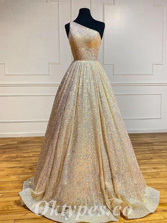 Sexy Sequin One Shoulder Sleeveless A-Line Long Prom Dresses,PDS0634