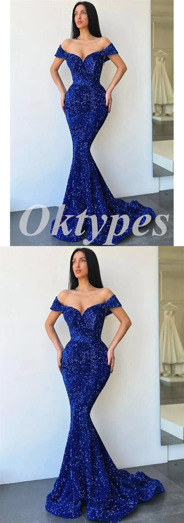 Sexy Royal Blue Sequin Off Shoulder V-Neck Sleeveless Mermaid Long Prom Dresses,PDS0752
