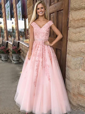 Pink A-Line V-neck Formal Tulle Long Prom Dresses With Applique, TYP1451