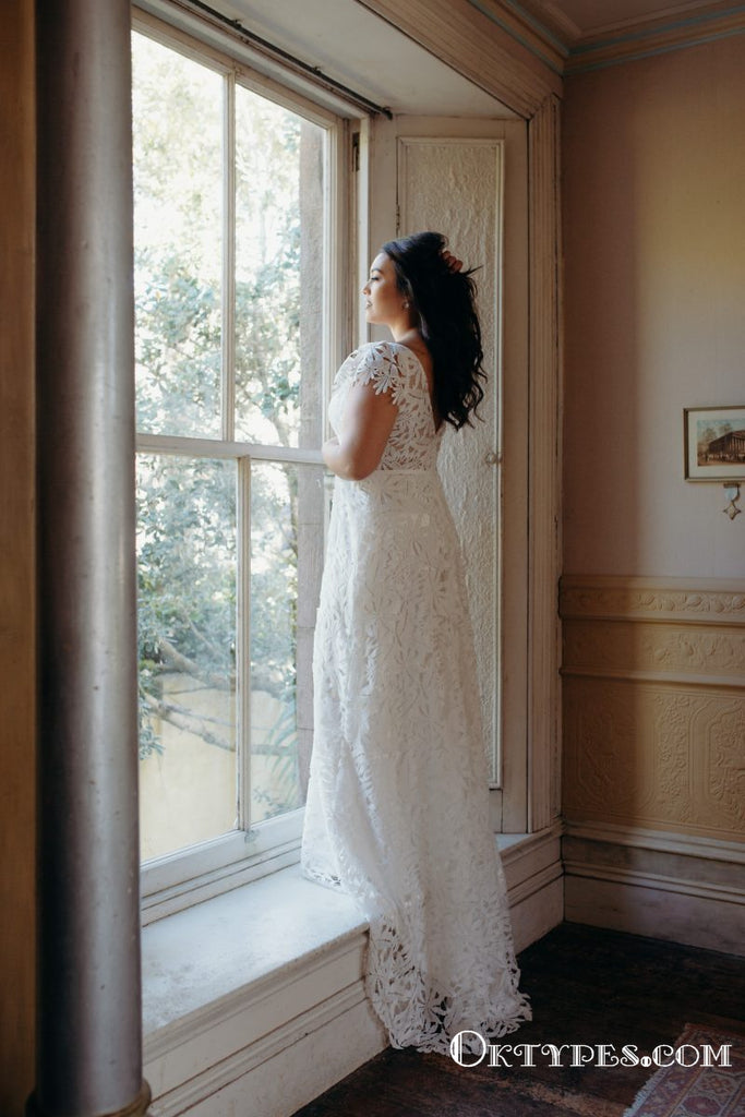Charming V-neck Cap Sleeve Long Cheap Lace Wedding Dresses, TYP1983