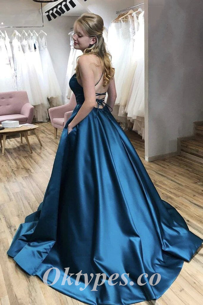 Sexy Soft Satin Spaghetti Straps V-Neck Sleeveless Lace Up A-Line Long Prom Dresses With Pocket, PDS0889