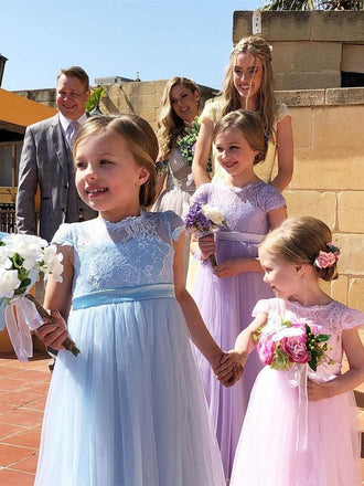 Long Tulle Pink Flower Girl Dresses Lace Bodice Lilac Cute Flower Girl Dresses, TYP1248