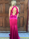 Mermaid Jewel Open Back Fuchsia Soft Satin Prom Dresses with Ruffles, TYP1299