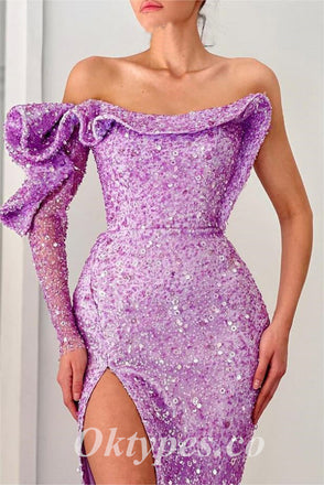 Sexy Sequin One Shoulder Long Sleeve Side Slit Mermaid Long Prom Dresses,PDS0790