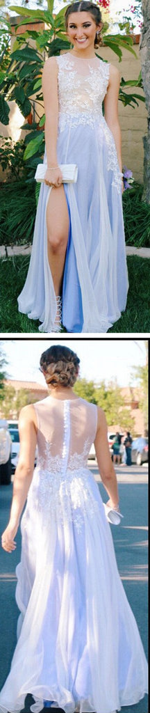 See Through Side Slit Pale Blue Lace Scoop Prom Dress,Custom A-line Prom Dresses, TYP0040