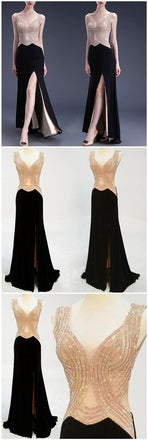 Sexy Black Side Slit Beading Formal Prom Dresses, Long Graduation Prom Dress, TYP0046