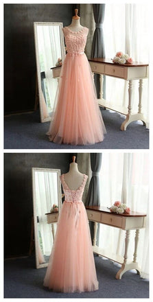 Pink Lace Long A-Line Scoop Tulle Prom Dresses, Cheap Simple Prom Dress, TYP0024