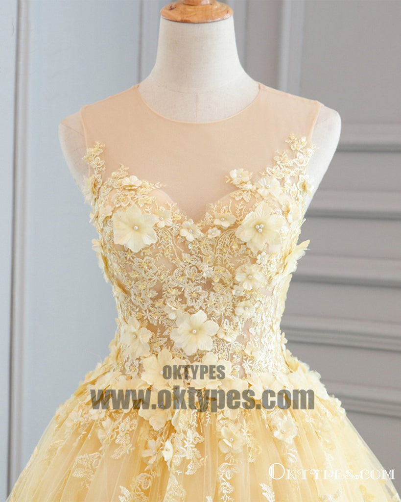 Spring Yellow Lace Customize Long A-line Senior Prom Dress, Long Lace Halter Evening Dress, TYP0455