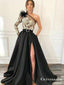 Unique One Shoulder Long Sleeve Black Satin and White Lace Long Prom Dresses, TYP1663