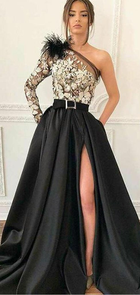 Unique One Shoulder Long Sleeve Black Satin and White Lace Long Prom Dresses, TYP1663