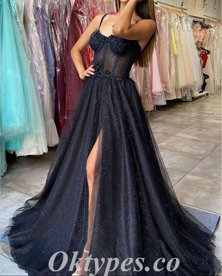 Sexy Black Sequin Tulle Spaghetti Straps Sleeveless Side Slit A-Line Long Prom Dresses With Applique,PDS0676