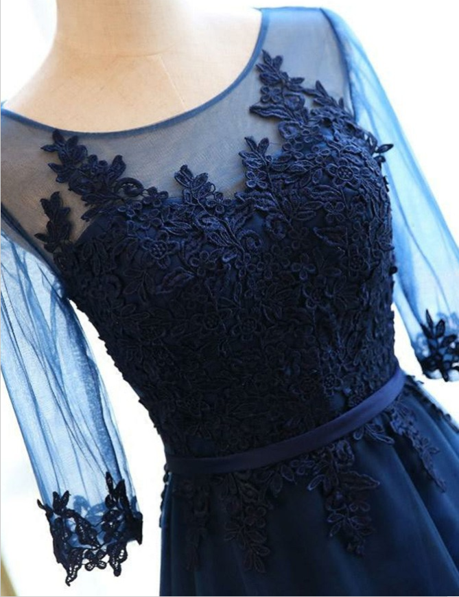 A-Line Round Neck Navy Blue Tulle Prom Dresses with Appliques, TYP1306