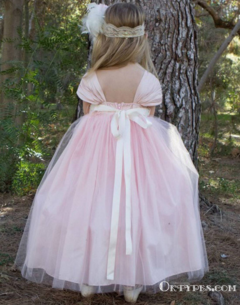 Cute Cap Sleeve Pink Tulle Beautiful Flower Girl Dresses with Pearl Belt Under 100, TYP1960