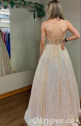 Shiny Sequin Tulle Spaghetti Straps V-Neck Open Back Lace Up A-Line Long Prom Dresses,PDS0430