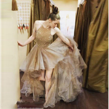 Hi-low Halter Beaded Tulle Prom Dresses, Popular Prom Dresses, Cheap Prom Dresses, TYP0048