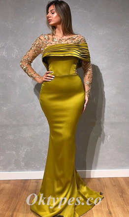 Elegant Satin Tulle Off Shoulder Long Sleeve Mermaid Long Prom Dresses,PDS0523