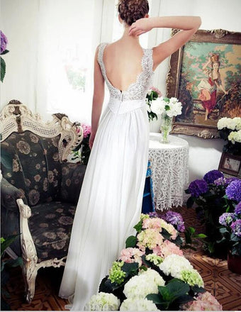 Sexy V-Neck Sweep Train Chiffon Long Cheap Beach Wedding Dress with Lace, TYP0997