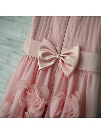 Unique Pink Spaghetti Straps Zipper Up A-Line Chiffon Flower Girl Dresses With Appliques, TYP1151