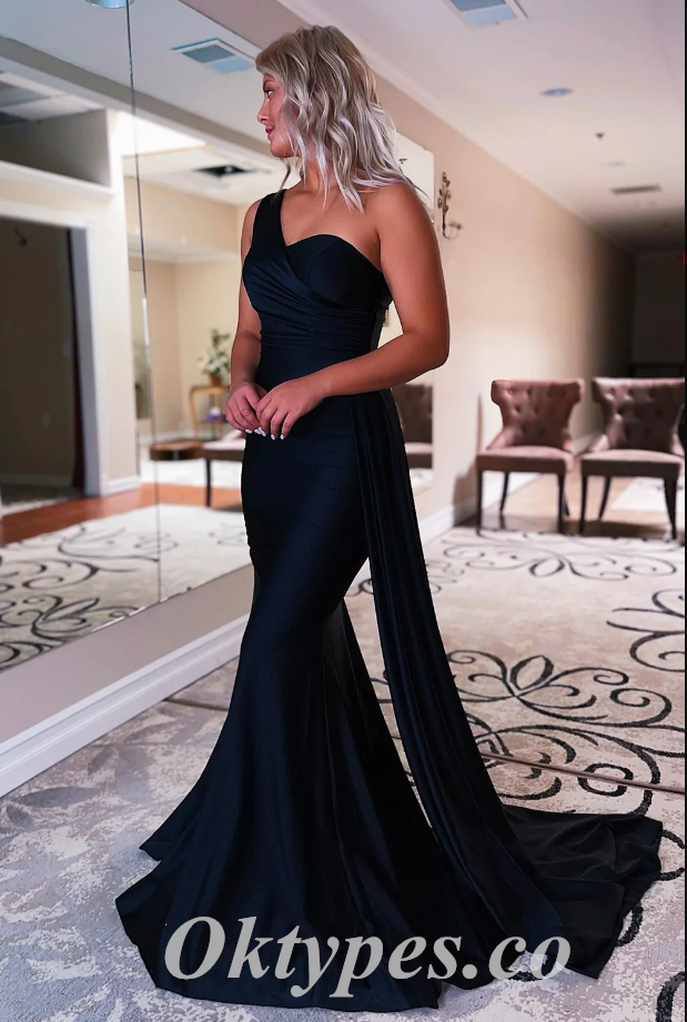 Sexy Satin One Shoulder Mermaid Long Prom Dresses With Trailing,PDS0595