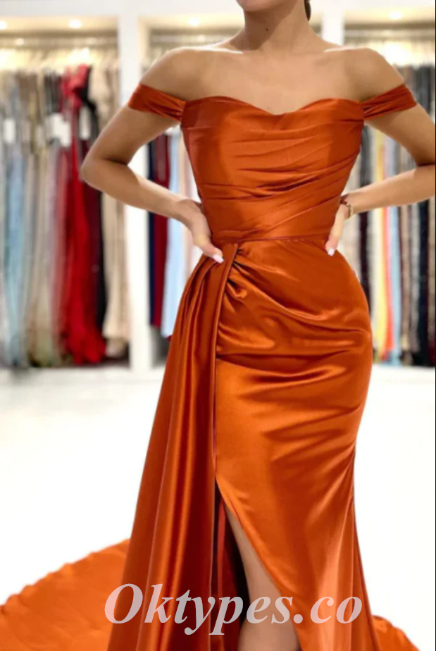 Sexy Burnt-Orange Satin Off Shoulder Side Slit Mermaid Long Prom Dresses With Trailing,PDS0600