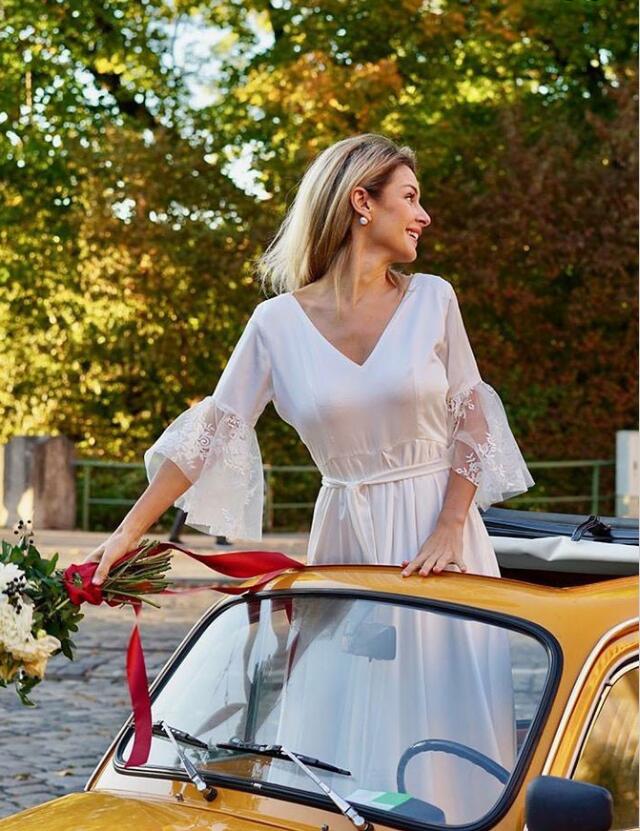 Simple V-Neck Long Sleeves Satin Wedding Party Dresses with Lace, TYP1057