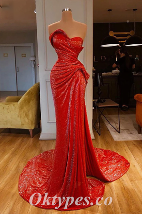 Sexy Shiny Red Sequin Sweetheart Sleeveless Mermaid Long Prom Dresses With Pleats,PDS0533