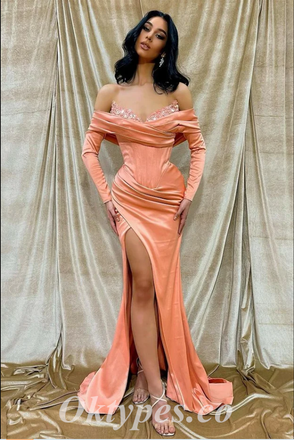 Sexy Satin Off Shoulder Long Sleeve Side Slit Mermaid Long Prom Dresses,PDS0714