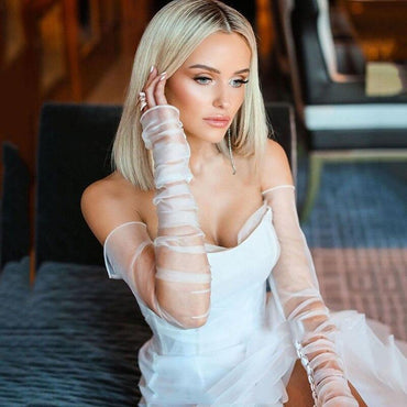 Off-The-Shouler Long Sleeves Ivory Organza Sexy Side Slit A-line Long Cheap Prom Dresses, PDS0074