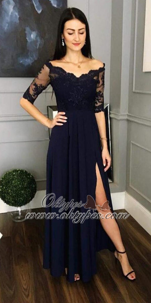 Navy Blue Half Sleeves Side Slit A Line Lace Prom Party Dresses, TYP1446