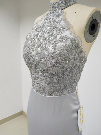 Grey Halter Long Cheap Prom Dresses with Beaded_US4, SO022