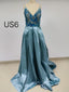 Dusty Blue V-neck Long Cheap Prom Dresses_US6, SO026