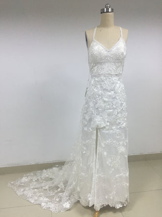 White Lace Long Side Slit Wedding Dresses_US4, SO009