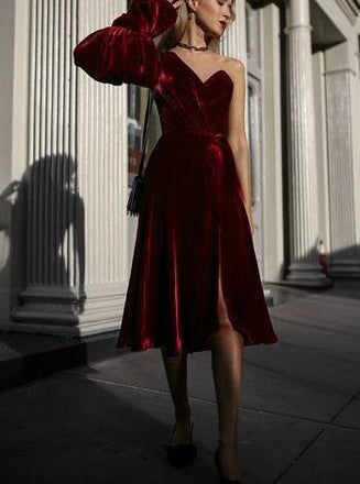 Single Length Burgundy One Shoulder Long Sleeve Homecoming Dresses, TYP1970