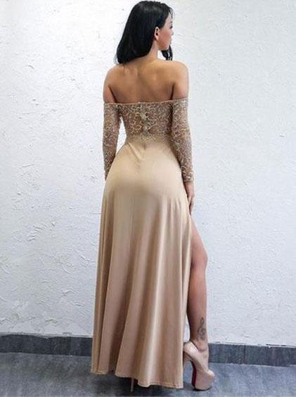Sexy Long Sleeves Split Side Long Prom Dresses with Appliques, TYP1581